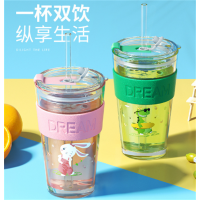 双饮果汁玻璃杯卡通可爱儿童牛奶吸管杯创意杯子女夏季ins风水杯