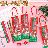高颜值圣诞节文具套装可爱小学生文具礼品橡皮卷笔刀五合一铅笔套装批发