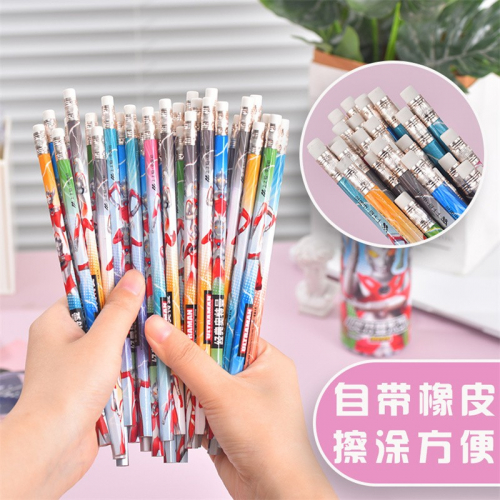 奥特曼铅笔木质六角卡通HB写字笔带橡皮文具图3