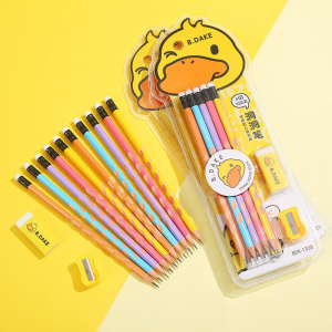 小黄鸭洞洞铅笔hb铅笔批发小学生儿童木质考试铅笔套装大皮头橡皮