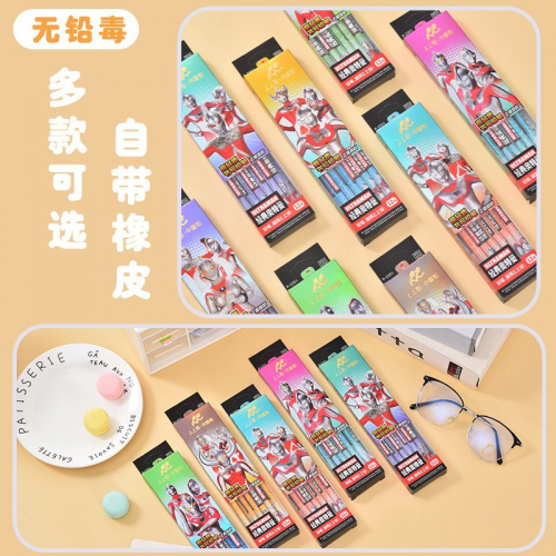 木质铅笔小学生儿童卡通带橡皮六角HB写字铅笔文具图3