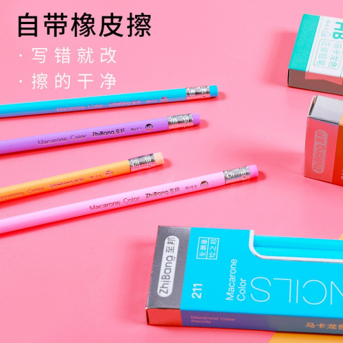 马卡龙色木质铅笔HB小学生儿童写字铅笔带橡皮盒装图1