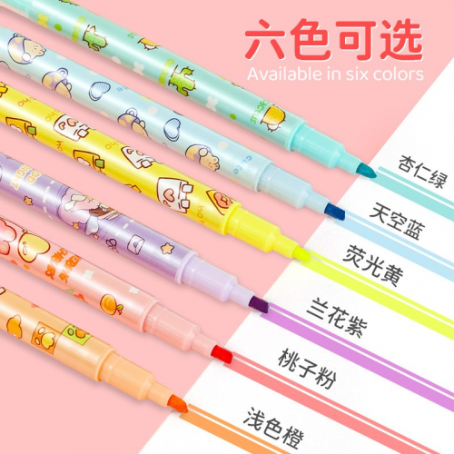 新款可擦荧光笔大容量批发盒装彩色双头手账笔记卡通荧光笔图2