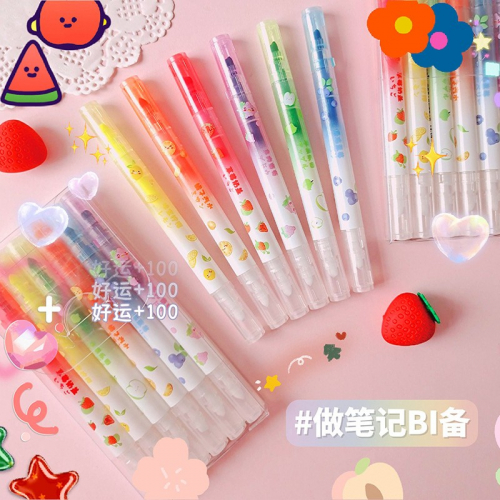 可擦双头荧光笔批发学生手账笔彩色标记笔重点笔荧光记号笔果味可擦六色套装图3