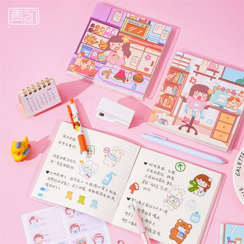 奶小芙方方本4本装可爱卡通手账本附贴纸闪膜胶套学生笔记本图4