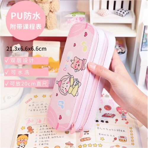 开学季双层笔袋大容量简约PU日系ins少女小学生可爱文具铅笔盒图1
