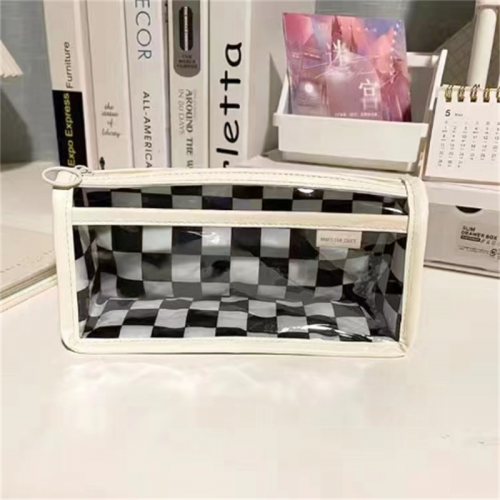 小红书推荐种草简约高级手提黑白棋盘格笔袋多功能大容量双层文具图1