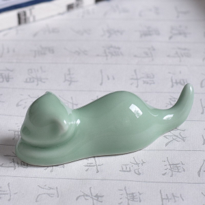 复古毛笔笔搁 小号青瓷笔架笔山 陶瓷毛笔架子文房四宝猫咪摆件