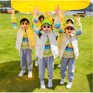 彩虹运动套装春秋学院风小学生班服三件套冬季棉马甲校服幼儿园服