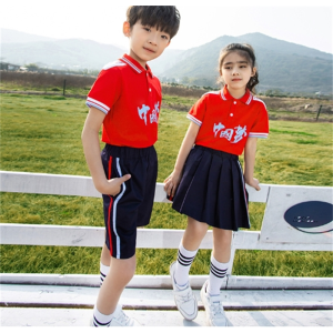 儿童校服夏装套装中学生运动衣服幼儿园园服中国红色短袖两件套批发
