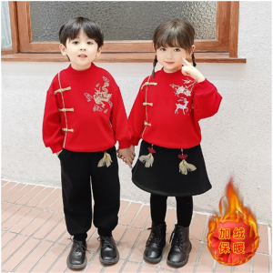 男女童加绒中国风卫衣套装秋冬季儿童唐装表演服兄妹装汉服拜年服