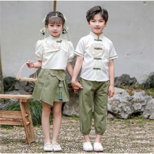 夏季幼儿园唐装演出服 学生兄妹装汉服男女国风墨绿色表演演出服