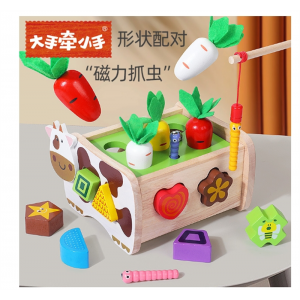 儿童益智玩具奶牛拨萝卜形状认知积木木质配对智力盒 拼装拆装玩