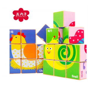 木丸子儿童益智玩具9粒六面画积木拼图木制玩具