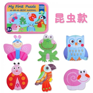 儿童趣味铁盒动物认知六合一拼图拼板宝宝木制早教玩具