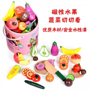 木制玩具 桶装磁性水果蔬菜认知切切看 亲子过家家游戏