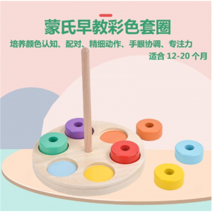 木制儿童早教蒙氏教具彩色套圈颜色认知手眼协调训练套柱益智玩具