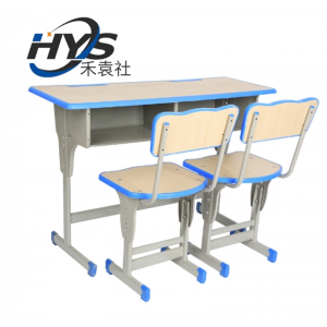 双人木纹蓝边单柱加固靠背款 学习桌培训班现代简约课桌椅学校 单双人学生辅导机构可升降
