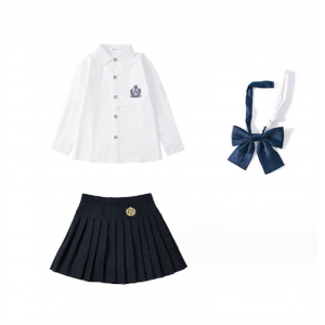 女刺绣白长袖衬衣+藏蓝百褶裙 儿童班服英伦学院风表演服男女衬衣套装小学生校服春秋幼儿园园服
