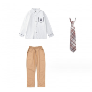 男刺绣白长袖衬衣+卡其裤+卡其领带春秋幼儿园园服儿童班服英伦学院风表演服男女衬衣套装小学生校服