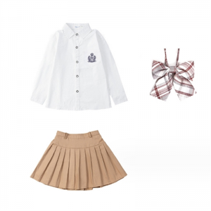 女刺绣白长袖衬衣+卡其裙+卡其领花 风表演服男女衬衣套装小学生校服春秋幼儿园园服儿童班服英伦学院