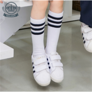 女童白色中筒袜 男女童中长袜幼儿园校服袜 棉质过膝 透气黑白条纹学生中筒袜