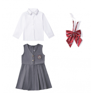 虚线衬衣+灰色背心裙+红皇冠领结 表演服中小学生校服班服学院风连衣裙套装果果同学儿童演出背心裙