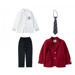 酒红西服+刺绣白长袖衬衣+藏蓝西裤+蓝条纹领带 班服学生装小学生表演服儿童英伦风西服套装幼儿园园服春秋校服