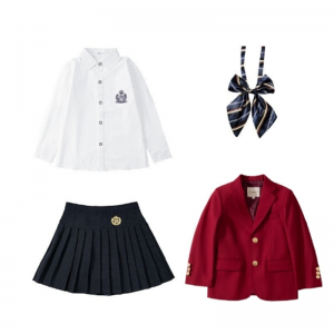 酒红西服+刺绣白长袖衬衣+藏蓝百褶裙+蓝条纹领花 表演服儿童英伦风西服套装幼儿园园服春秋校服班服学生装小学生