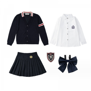 藏蓝开衫+女刺长+藏蓝百褶裙+蓝领花 毛衣套装果果同学春秋幼儿园园服开衫三件套小学生校服班服英伦风