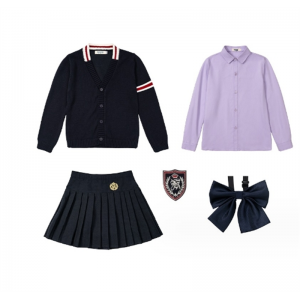 藏蓝开衫+紫衬+藏蓝百褶裙+蓝领花 校服班服英伦风毛衣套装果果同学春秋幼儿园园服开衫三件套小学生