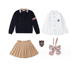 藏蓝开衫+女刺长+卡其裙+卡其领花 毛衣套装果果同学春秋幼儿园园服开衫三件套小学生校服班服英伦风