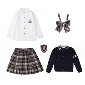 藏蓝开衫+女刺长+咖色裙+咖色领花 小学生校服班服英伦风毛衣套装果果同学春秋幼儿园园服开衫三件套