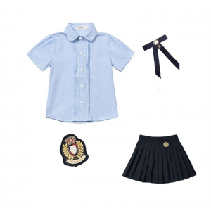 女浅蓝短袖衬衣+藏蓝百褶裙 小学生校服班服短袖衬衣套装安果儿幼儿园园服夏装六一儿童演出服