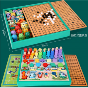 九合一多功能棋 儿童学生益智木制玩具多合一跳棋飞行棋五子棋斗兽棋游戏多功能棋