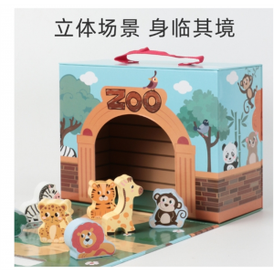 新款城市动物园农场主题儿童早教益智场景角色扮演木质积木玩具