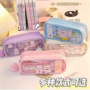 可爱创意毛球笔袋中学生大容量文具三层文具袋高颜值女生收纳包