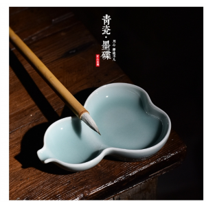 粉葫芦墨碟笔添 创意陶瓷摆件盛墨汁 墨盒墨池墨盘