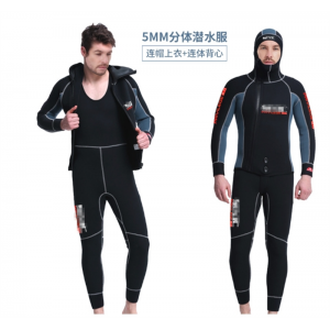 5MM带帽潜水服分体前开拉链防寒保暖冲浪黑深潜自由潜潜水衣
