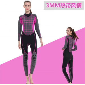 潜水服玫红色玫红拼色格子3MM厚款连体冲浪衣女