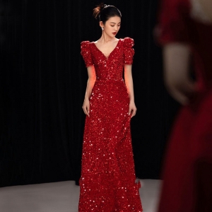 敬酒服2024新款新娘红色亮片结婚晚礼服裙宴会气质主持晚会礼服裙
