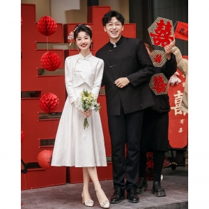 新中式订婚礼服平时可穿领证小白裙敬酒服轻登记衣服白色套装旗袍