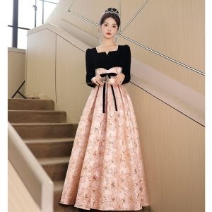 晚礼服裙女宴会2024新款轻奢小众主持人法式氛围感年会长袖晚礼服