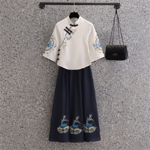 中式国风汉服改良禅意茶服上衣复古刺绣鹿瑶盘扣上衣半身裙套装夏