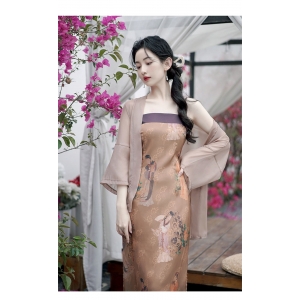 春夏新中式国风禅意复古仕女图吊带连衣裙防晒开衫套装汉服禅舞服