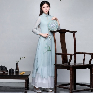 式复古元素中国风禅服修身立领盘扣改良旗袍奥黛茶服连衣裙夏