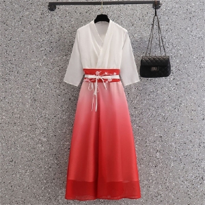 中国风渐变红印花禅舞服交领系带连衣裙复古文艺大码茶服女