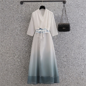 中国风渐变青绿水墨印花禅舞服交领系带连衣裙复古文艺大码茶服女