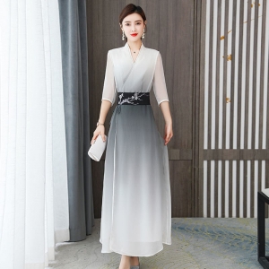 汉服改良中国风文艺复古旗袍禅意茶服女束腰古装仙女渐变色连衣裙