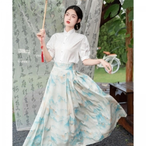 春夏季新款复古女装新中式文艺复古短袖立领衬衫千里江山图马面裙